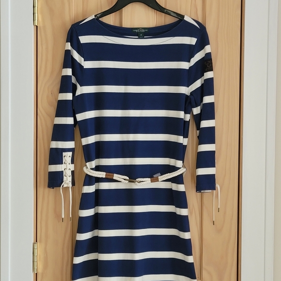 Lauren Ralph Lauren Classic Nautical Striped Knit Dress Blue Ivory Knit - Picture 1 of 13